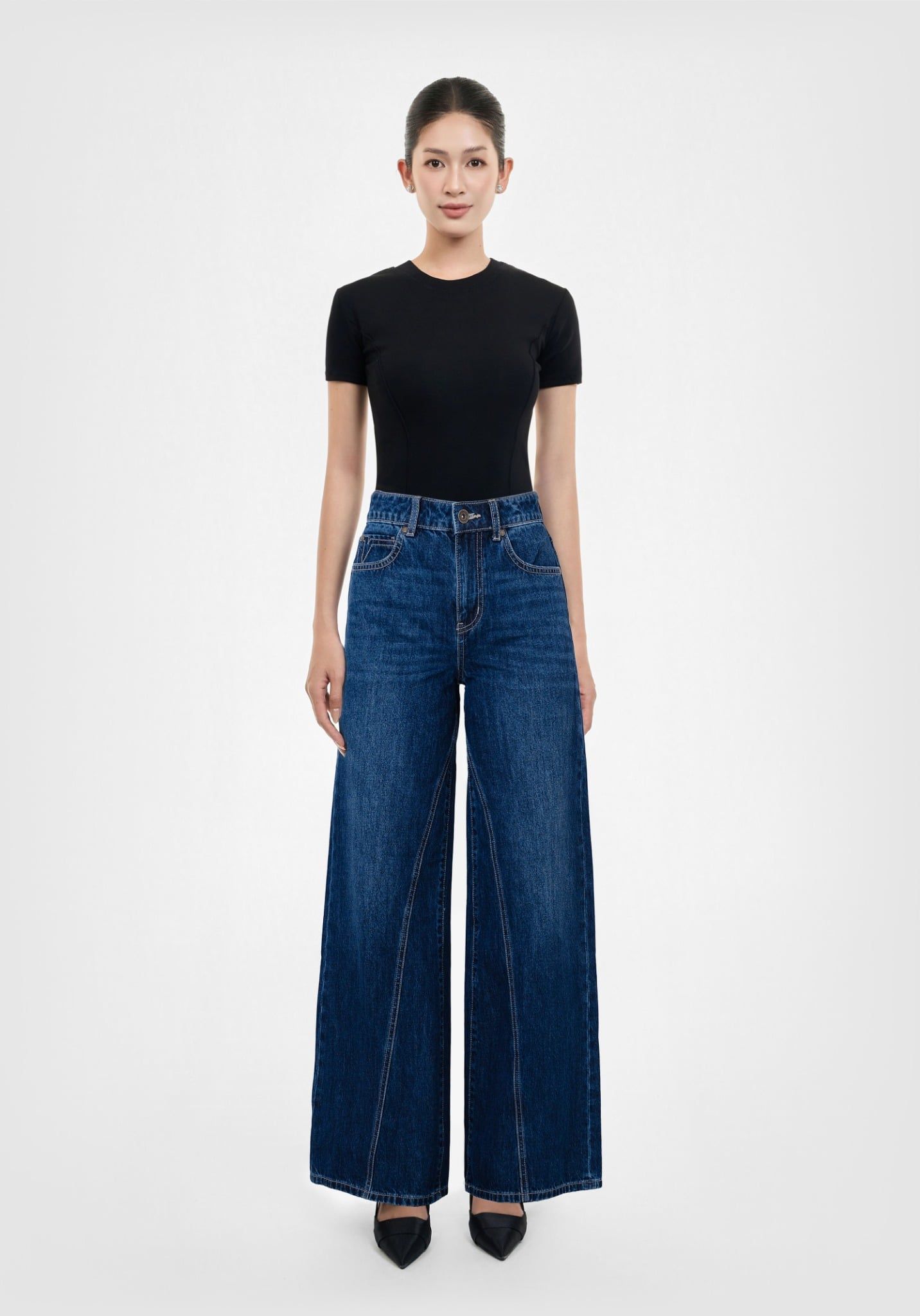 Quần Dài Dáng Wide Leg Ống Suông Rộng Màu Xanh Đậm - Dark Blue Wide Leg Women's Long Jeans - 124WD2085F2
