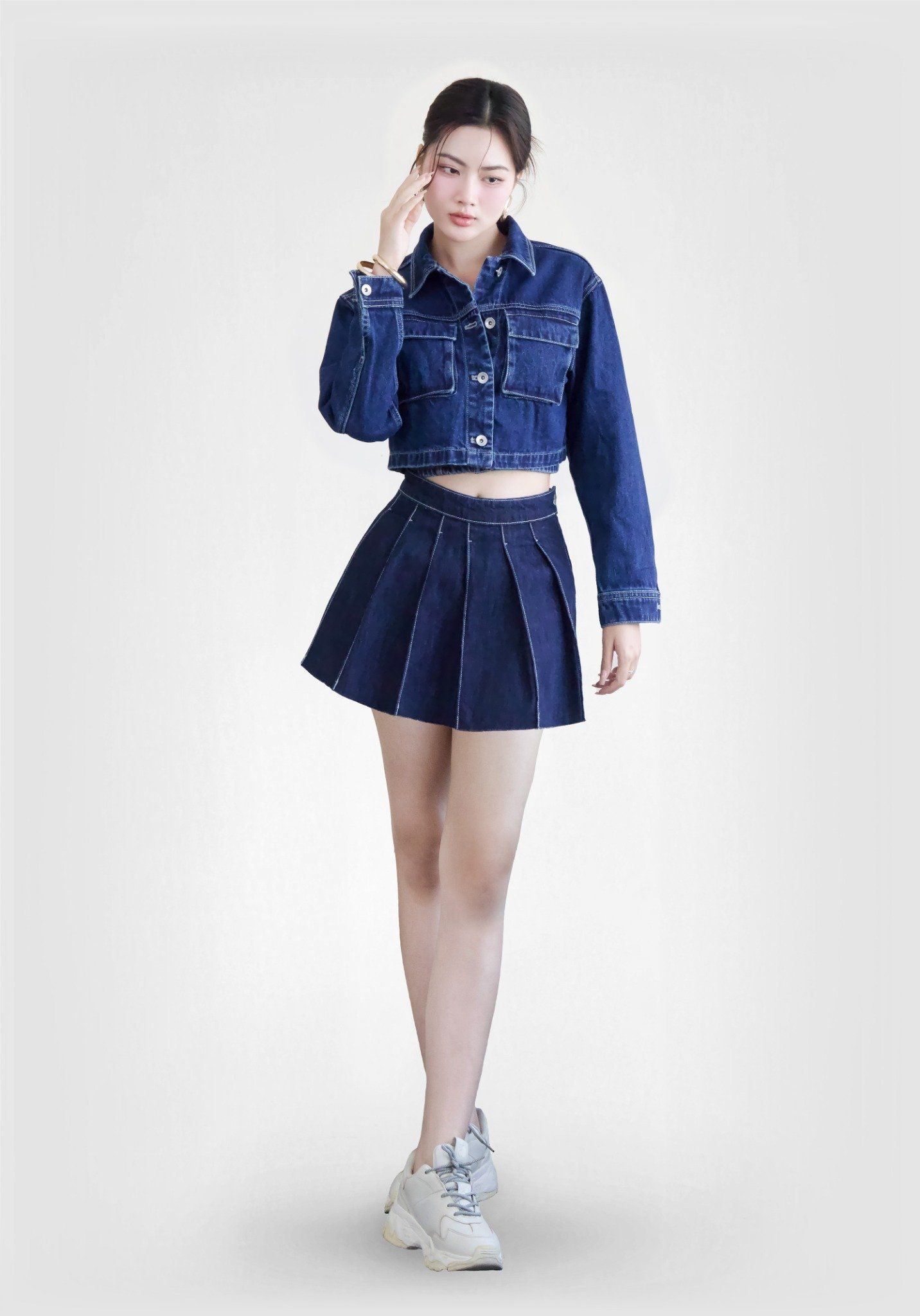 ÁO KHOÁC NỮ DENIM DARK BLUE TÚI HỘP FORM CROP - 125WD1044F1
