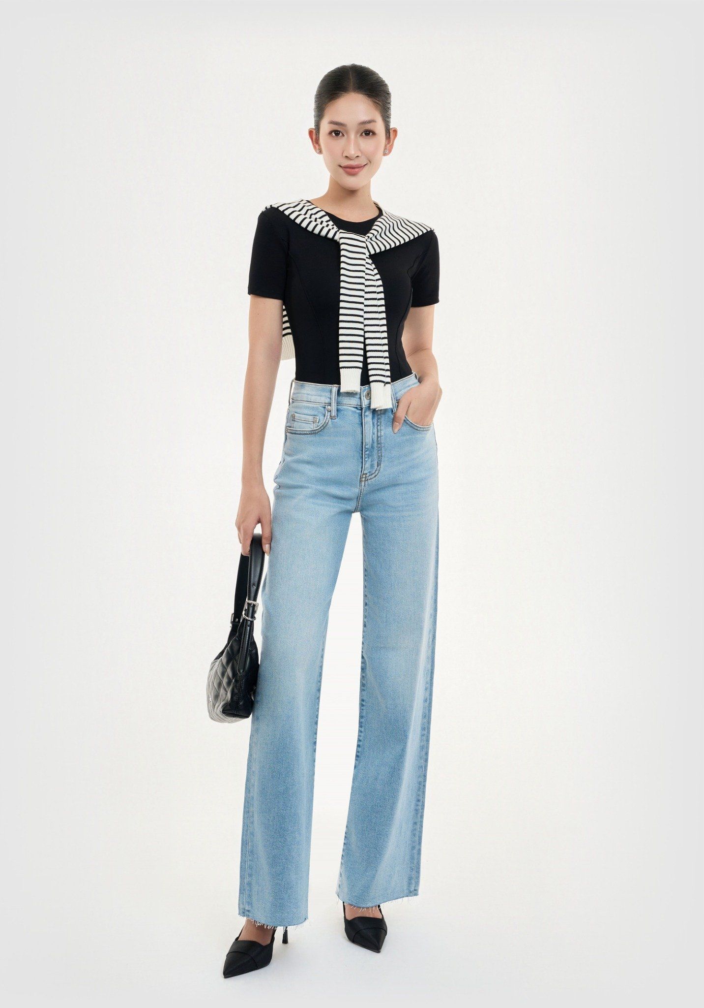 QUẦN DÀI NỮ DENIM MÀU LIGHT BLUE CẮT LAI FORM WIDE LEG - 125WD1085B3