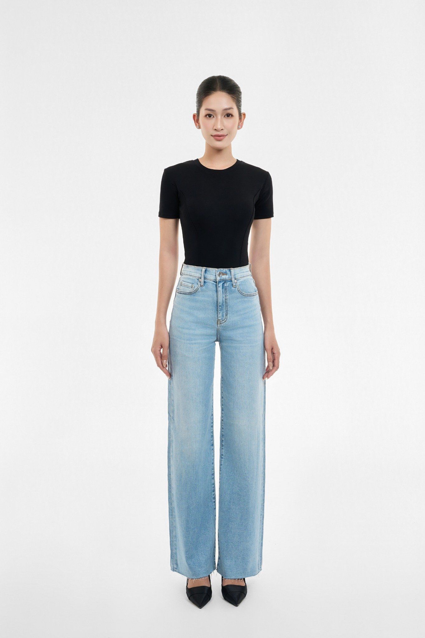 QUẦN DÀI NỮ DENIM MÀU LIGHT BLUE CẮT LAI FORM WIDE LEG - 125WD1085B3