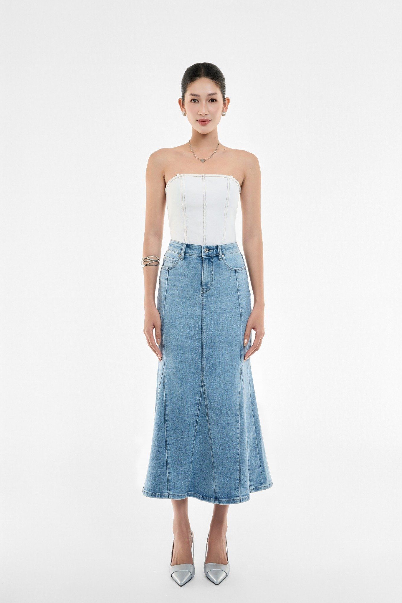 VÁY DENIM MIDI LIGHT BLUE  FORM ĐUÔI CÁ - 125WD1116F1