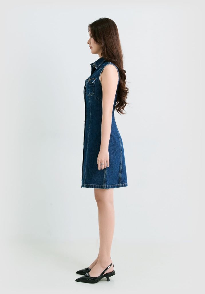 ĐẦM SƠ MI DENIM MÀU XANH KHÔNG TAY FORM A - 125WD1124B1