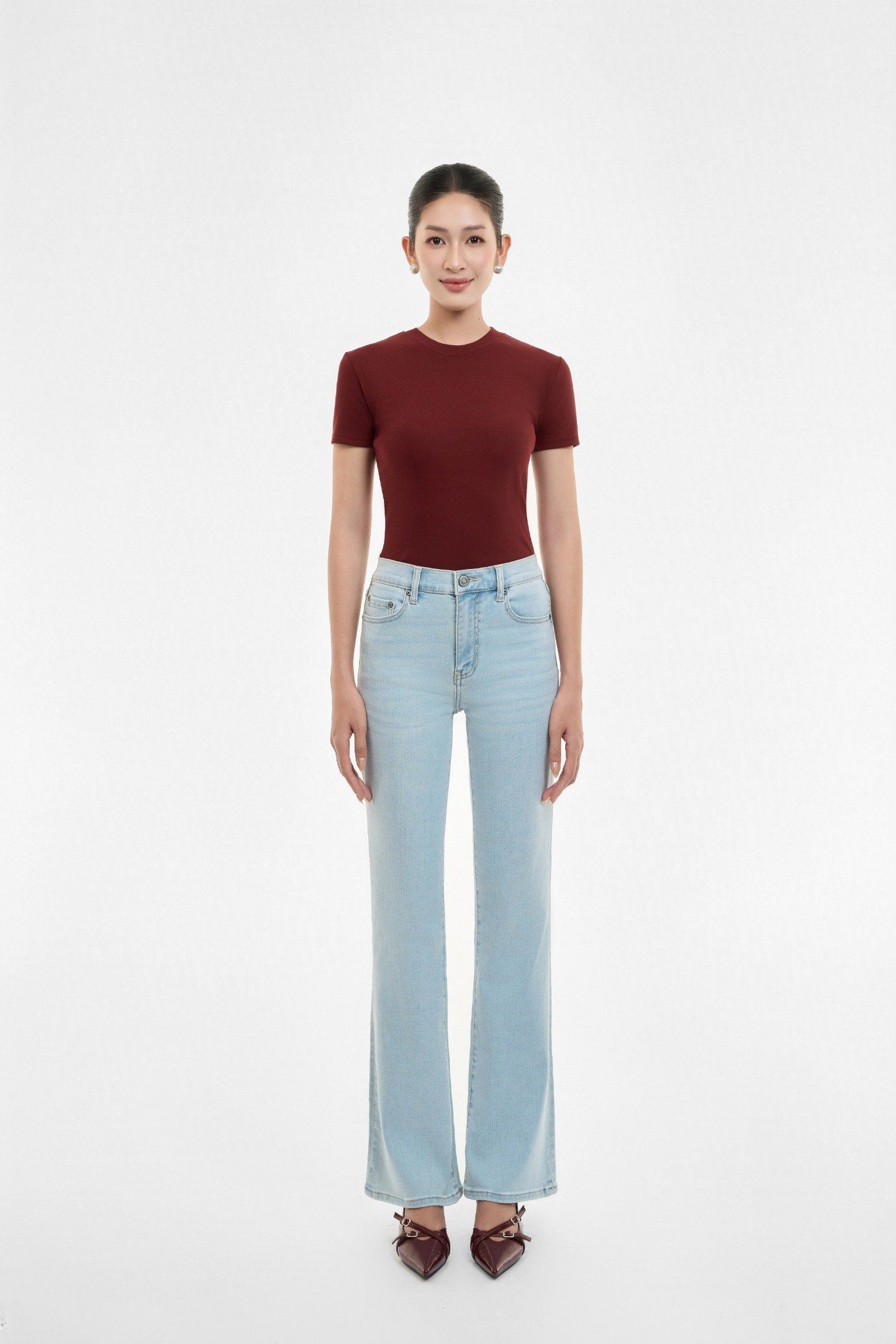 QUẦN DÀI NỮ DENIM LIGHT BLUE FORM BOOT CUT LƯNG TRUNG - 125WD2084B1