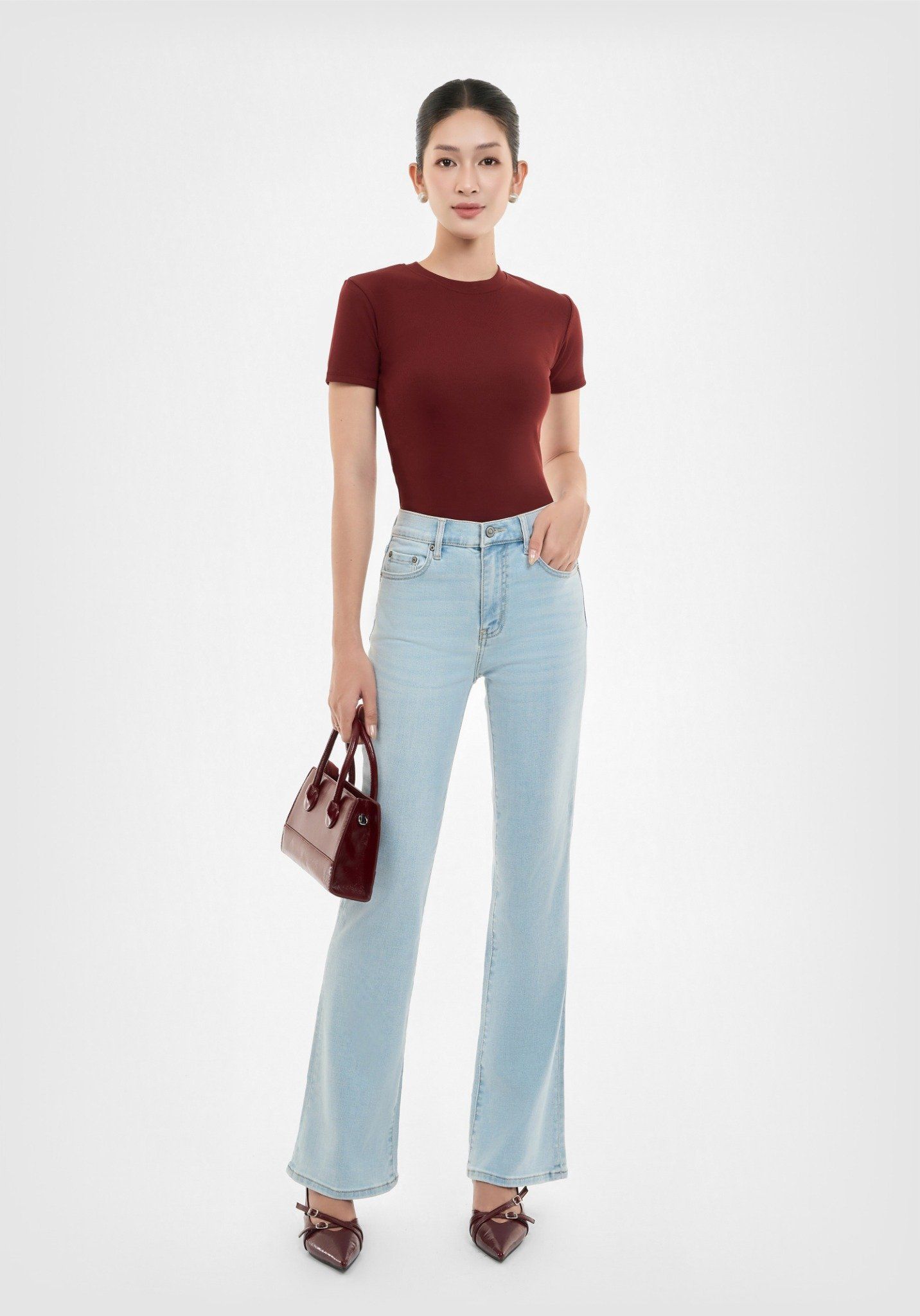 QUẦN DÀI NỮ DENIM LIGHT BLUE FORM BOOT CUT LƯNG TRUNG - 125WD2084B1