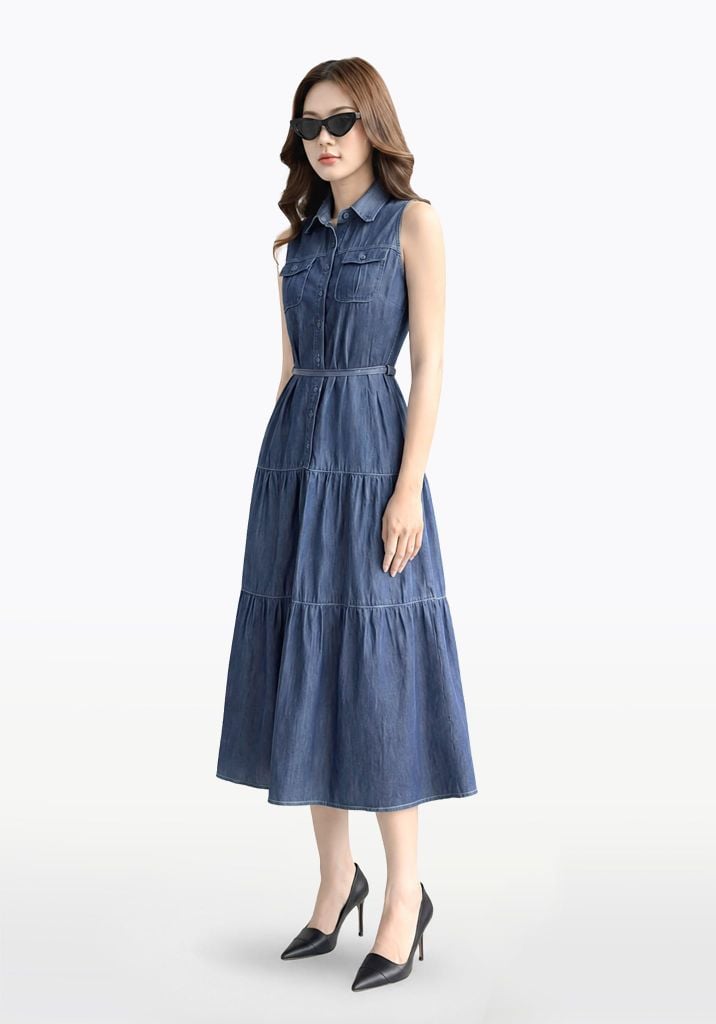 ĐẦM DENIM DARK BLUE FORM MAXI KHÔNG TAY - 125WD2127F2