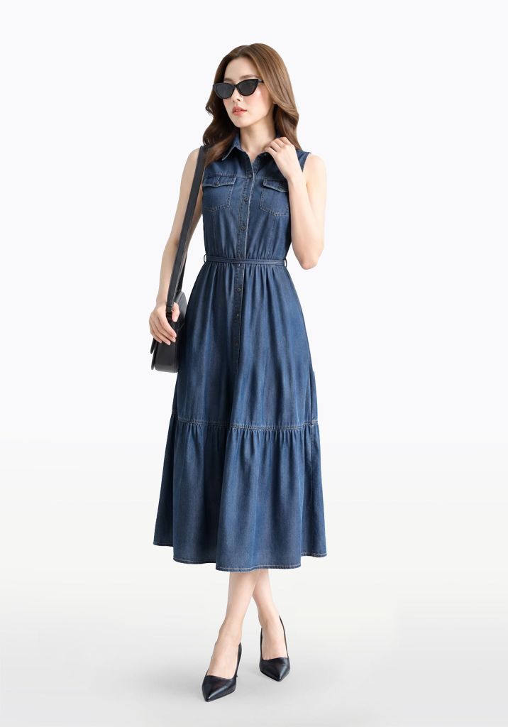 ĐẦM DENIM DARK BLUE FORM MAXI KHÔNG TAY - 125WD2127F2