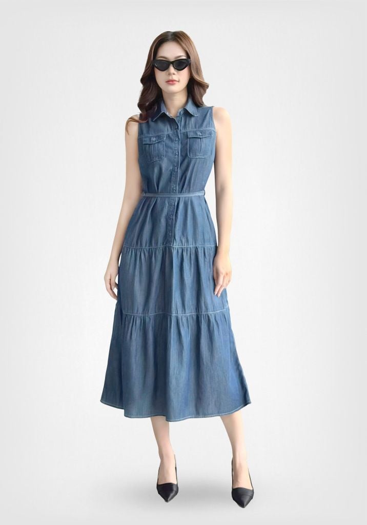 ĐẦM DENIM MEDIUM BLUE FORM MAXI KHÔNG TAY - 125WD2127F2