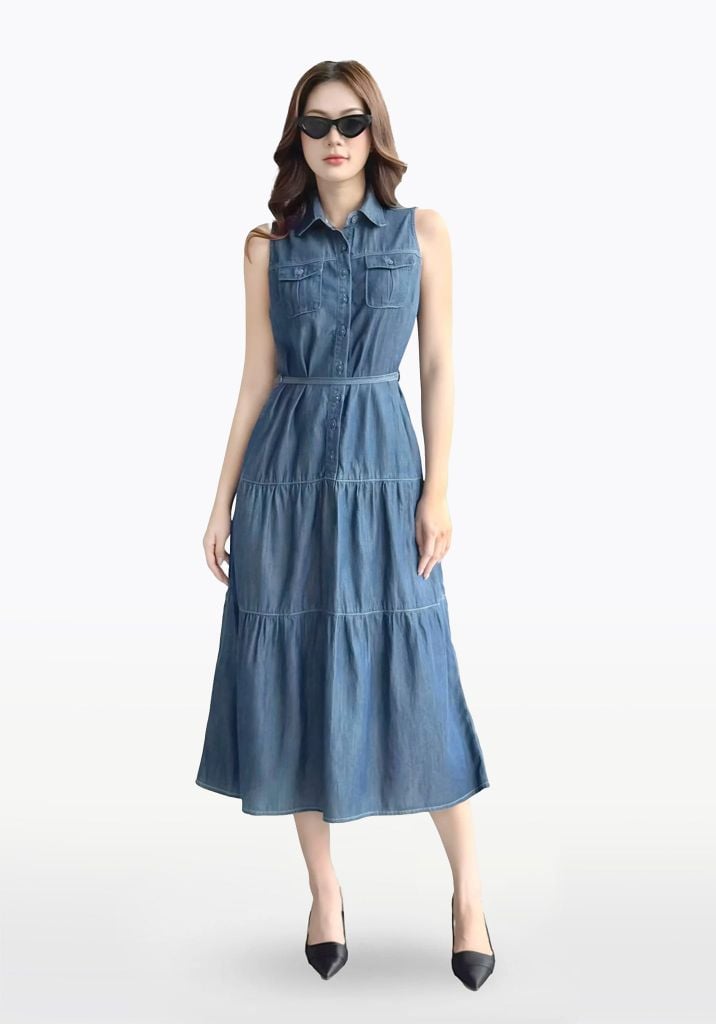 ĐẦM DENIM MEDIUM BLUE FORM MAXI KHÔNG TAY - 125WD2127F2