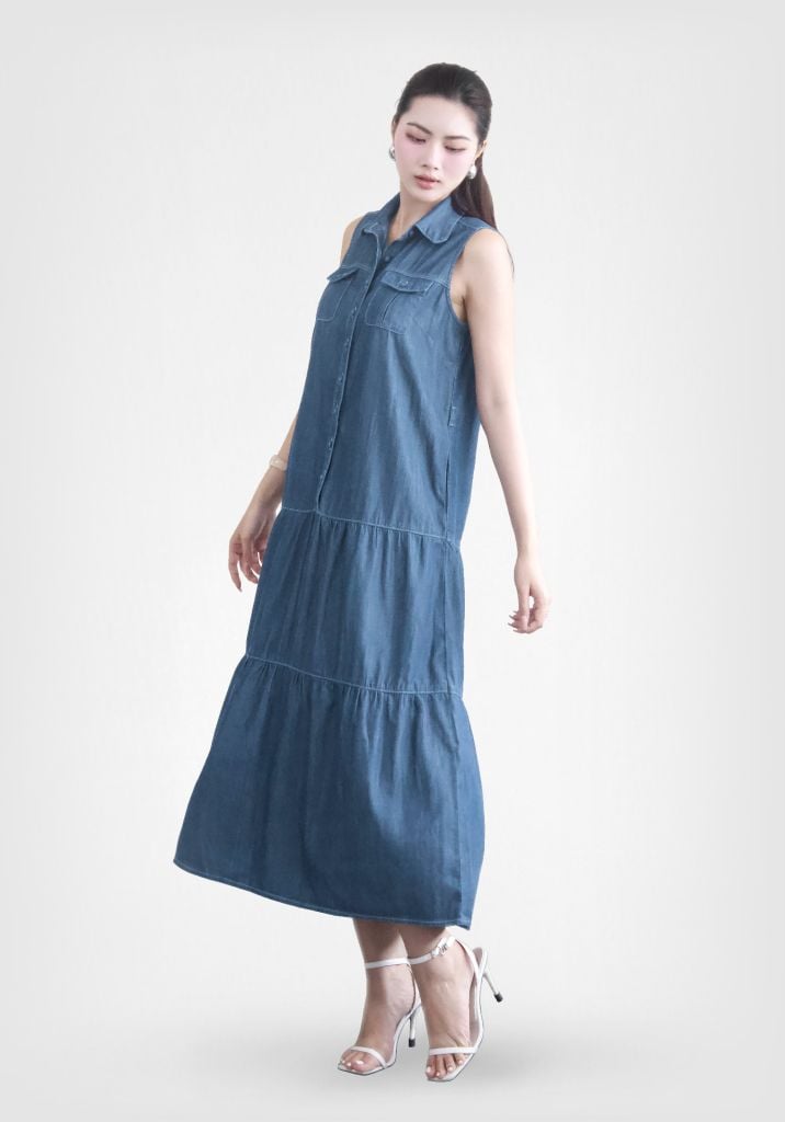 ĐẦM DENIM MEDIUM BLUE FORM MAXI KHÔNG TAY - 125WD2127F2