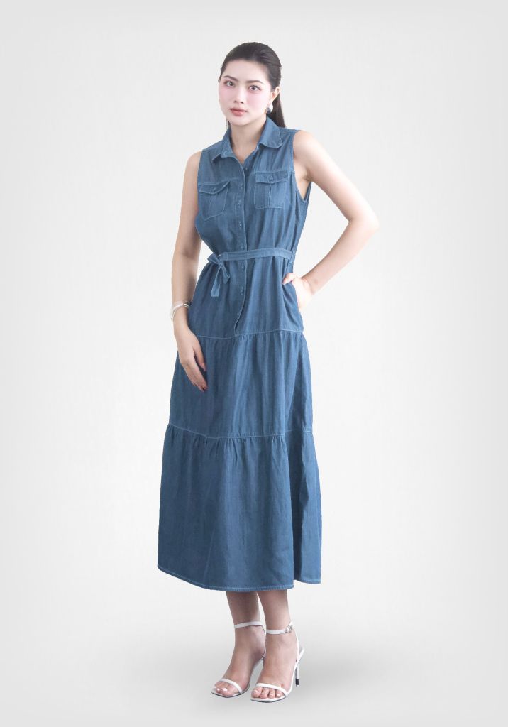 ĐẦM DENIM MEDIUM BLUE FORM MAXI KHÔNG TAY - 125WD2127F2