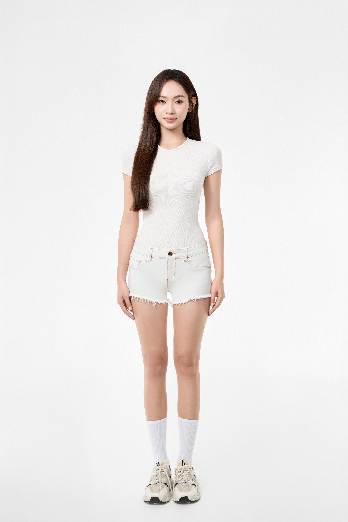 QUẦN SHORTS NỮ DENIM TRẮNG FORM ÔM LƯNG THẤP - 125WN1101B1