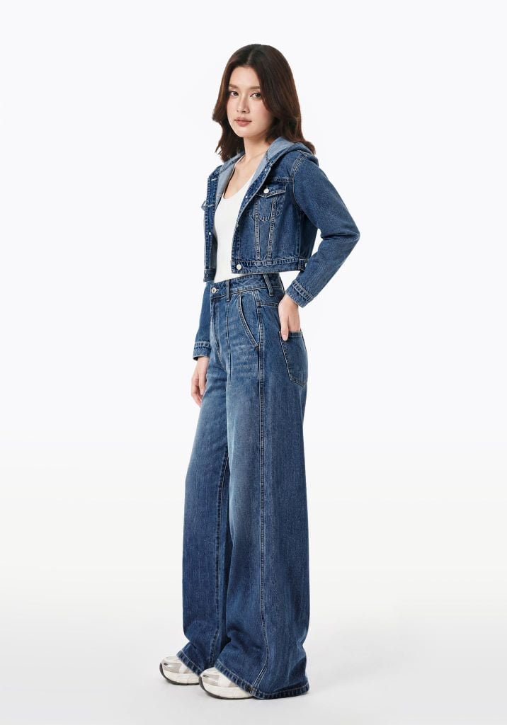 ÁO KHOÁC NỮ CROPPED HOODIE WASH XANH TRUNG - 126WD1042F3