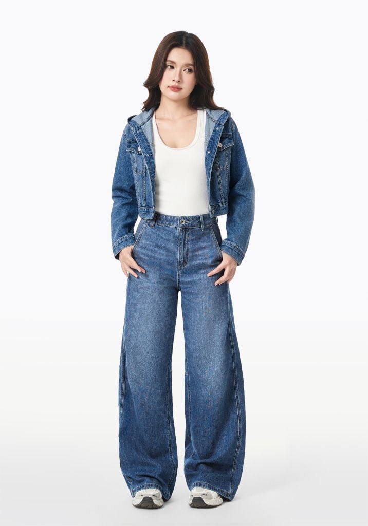 ÁO KHOÁC NỮ CROPPED HOODIE WASH XANH TRUNG - 126WD1042F3