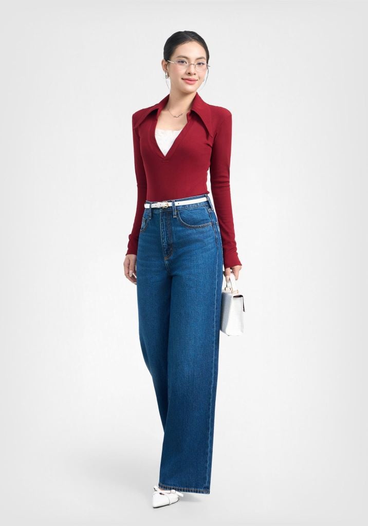 QUẦN DÀI NỮ DENIM DÁNG RELAX MÀU XANH TRUNG LASER GIẢ HỌA TIẾT REN NỮ TÍNH - 126WD2080F2