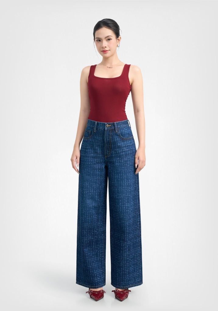 QUẦN DÀI NỮ DENIM DÁNG RELAX  HIỆU ỨNG LASER GIẢ CHẤT LIỆU TWEED - 126WD2080F6