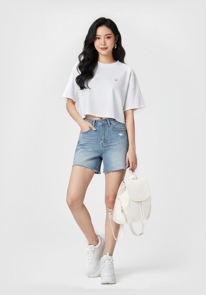 ÁO THUN NỮ DÁNG CROP RỘNG MÀU TRẮNG IN LOGO TRÒN - 225WN1023B1