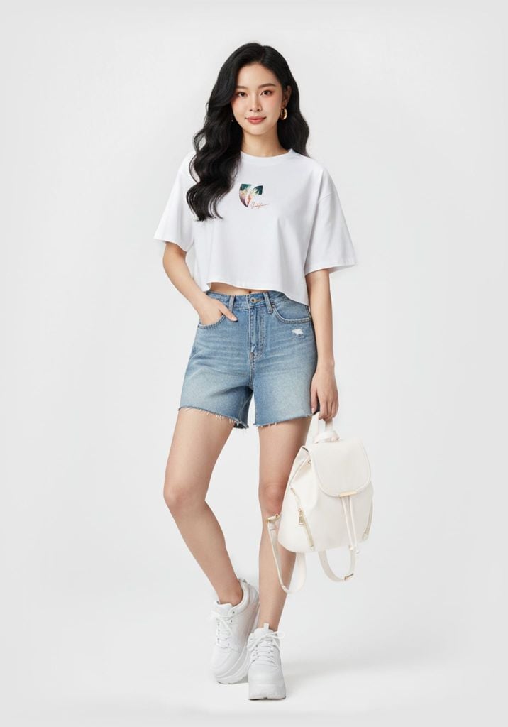 ÁO THUN NỮ DÁNG CROP MÀU TRẮNG IN DIGITAL CHỮ V CÁCH ĐIỆU HOA - 126WN1023B2