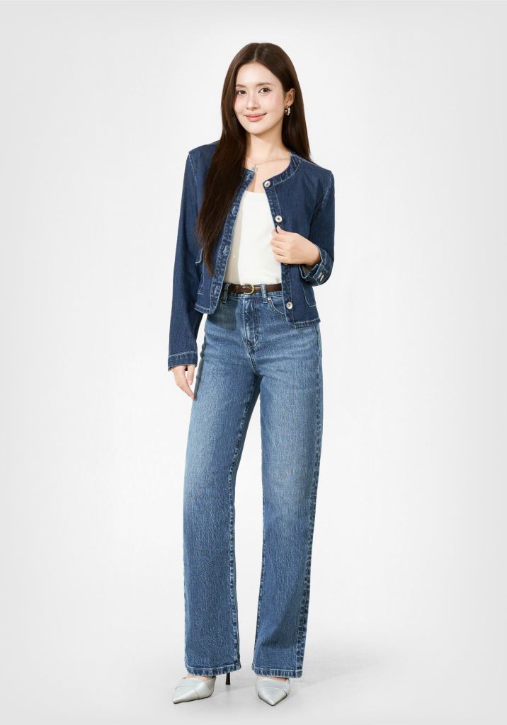 ÁO KHOÁC DENIM NỮ CỔ TRÒN V-SIXTYFOUR DÁNG LỬNG MÀU XANH ĐẬM - 126WD2044F3