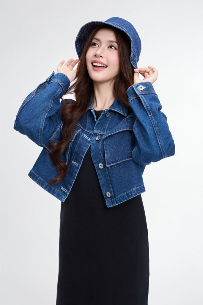 ÁO KHOÁC NỮ DENIM DARK BLUE TÚI HỘP FORM CROP - 125WD1044F1