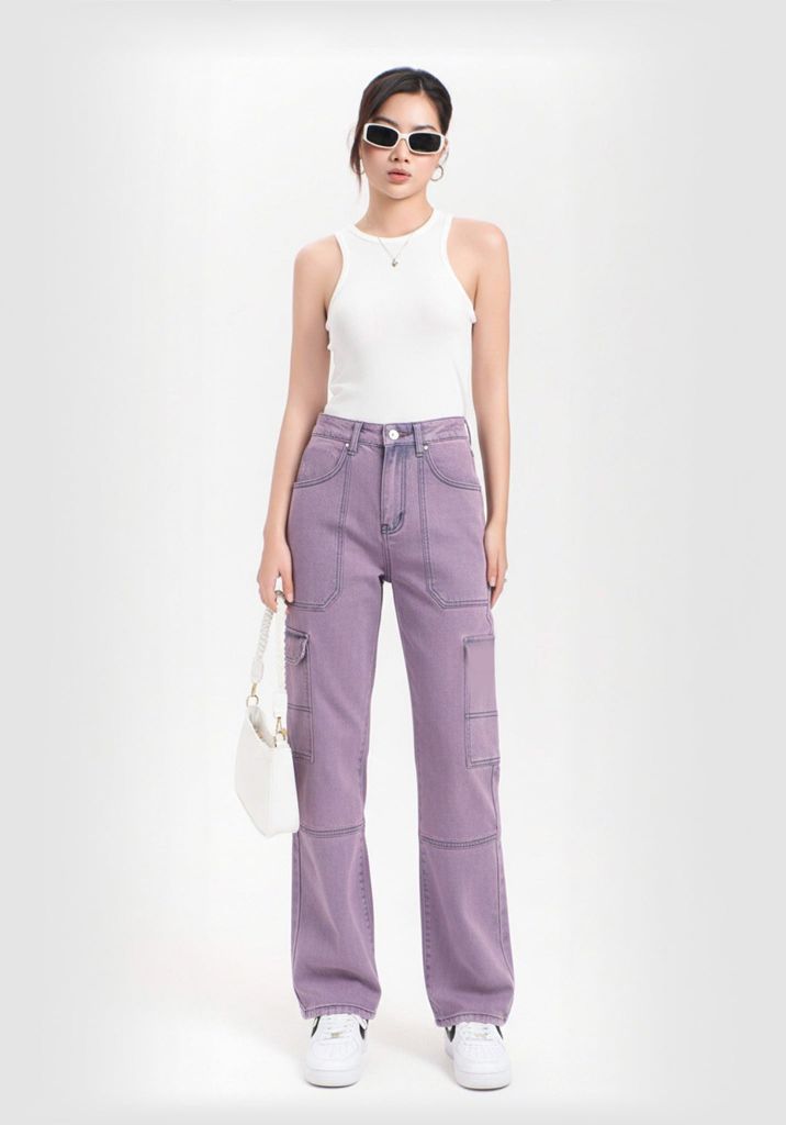 Quần Jeans Nữ Dáng Đứng Màu Nhuộm Tím Lavender. Women's Straight-Leg Jeans Lavender Dye - 222WD1083A1