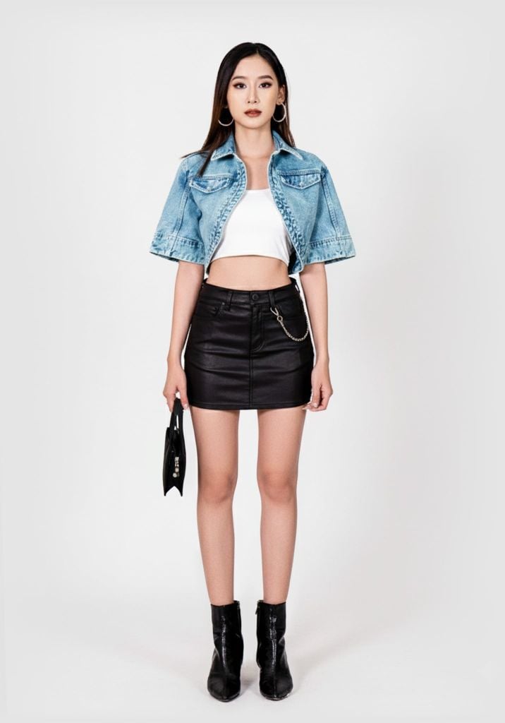 Chân Váy Nữ Ngắn Phủ Màu Đen Giả Da. Women's Black Faux Leather Short Skirt - 223WD1114B1