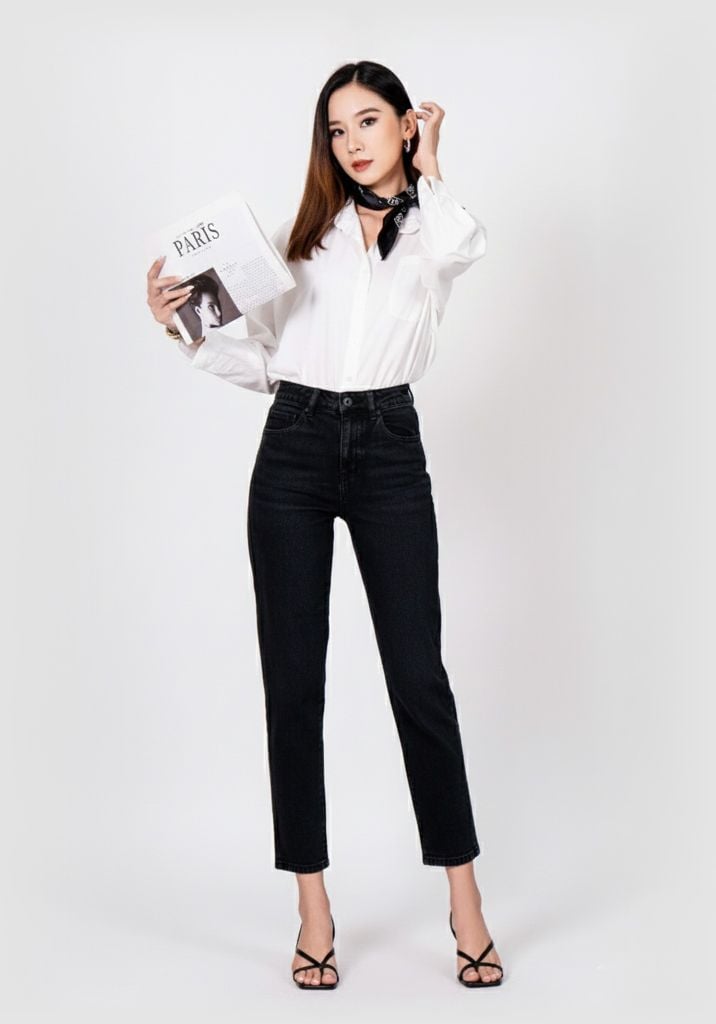 Quần Jeans Nữ Màu Đen Dáng Mom. Black Mom Jeans for Women - 223WD2087F1