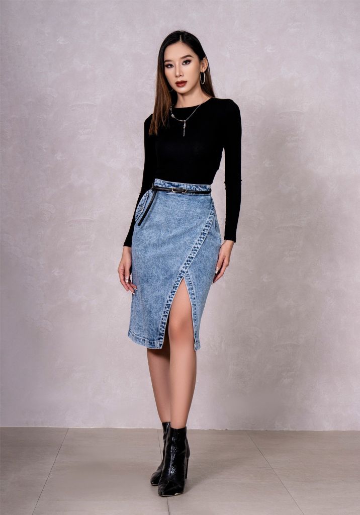 Chân Váy Jeans Nữ Dáng Bút Chì Xẻ Tà. Women's Pencil Split Jeans Skirt - 223WD2116F2
