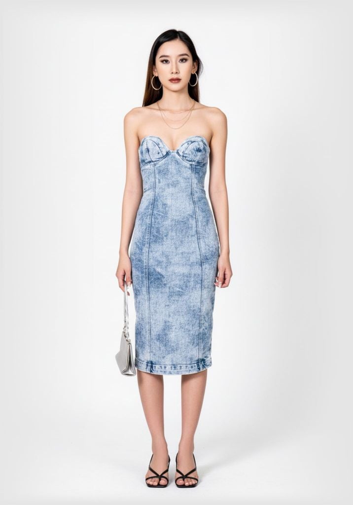 Đầm Denim Nữ Cúp Ngực Dáng Ôm Màu Xanh Sáng.Women's Denim Dress with Loose Breast in Bright Blue - 223WD2127F2