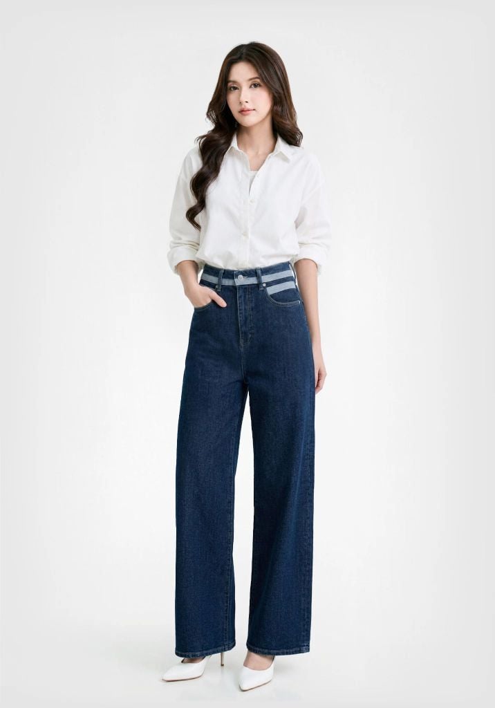 QUẦN DÀI NỮ DENIM RINSE BLUE PHONG CÁCH THỦY QUÂN FORM WIDE LEG - 224WD1085F1