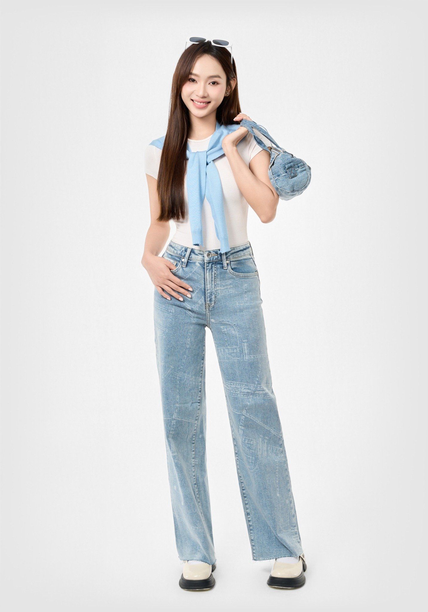 QUẦN DÀI NỮ DENIM LIGHT BLUE LASER FORM WIDE LEG - 224WD1085F4