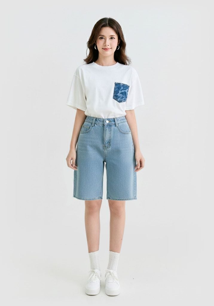 Quần Short Lửng Ống Rộng Màu Xanh Nhạt - Light Blue Women's Wide-Tube Shorts - 224WD1104B1