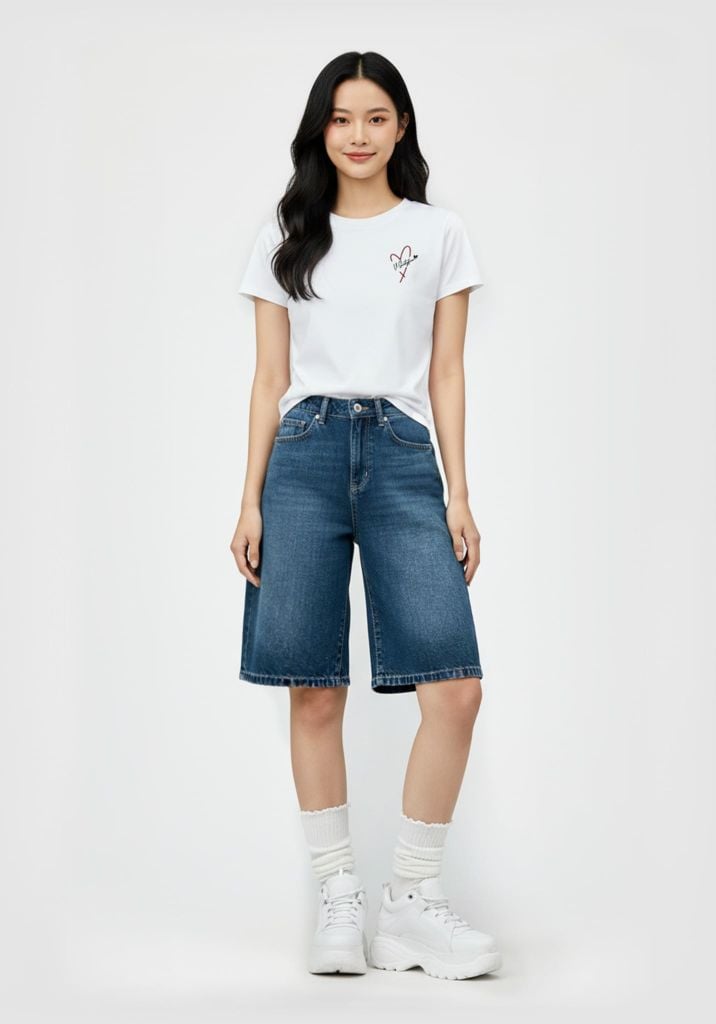 Quần Short Lửng Ống Rộng Màu Med Blue - Med Blue Women's Wide-Tube Shorts - 224WD1104B1