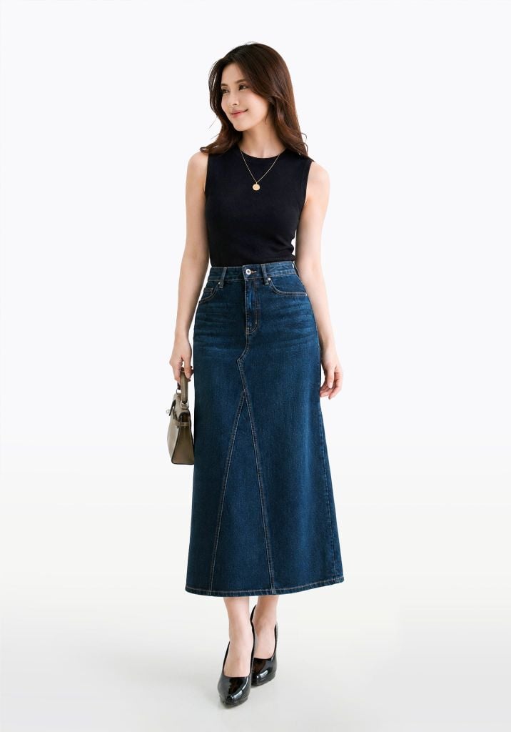 VÁY DÀI NỮ DENIM MEDIUM BLUE FORM A - 224WD1115F2