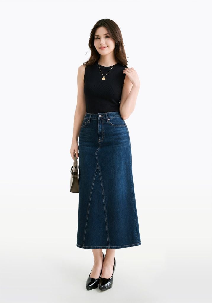 VÁY DÀI NỮ DENIM MEDIUM BLUE FORM A - 224WD1115F2