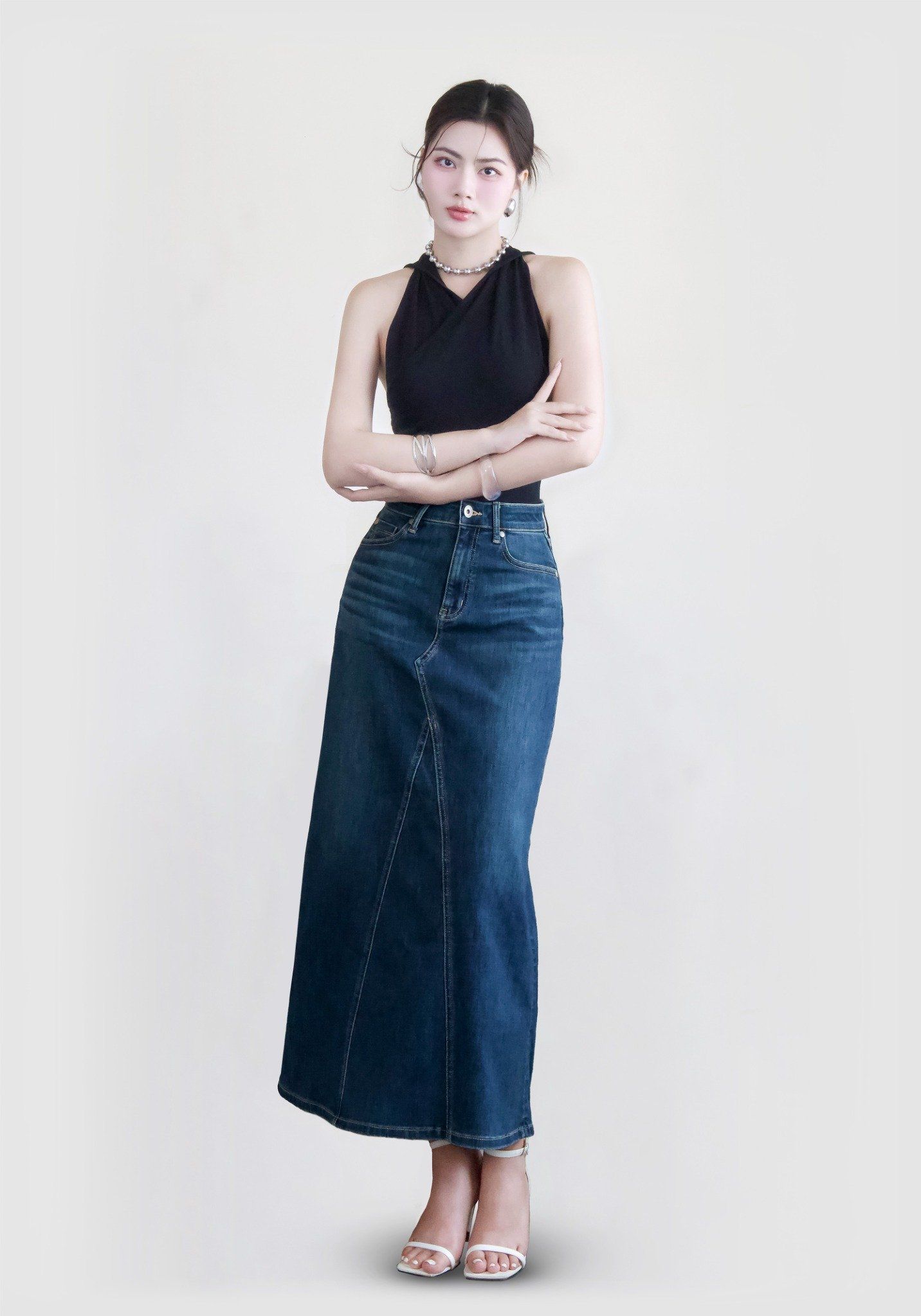VÁY DÀI NỮ DENIM MEDIUM BLUE FORM A - 224WD1115F2