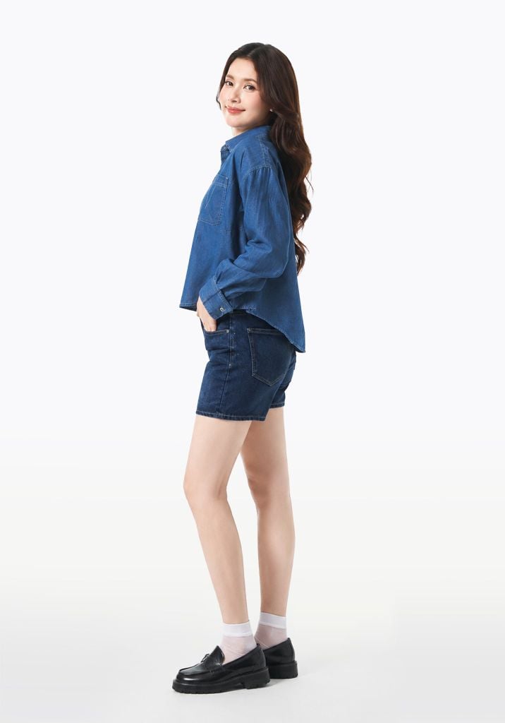 ÁO SƠ MI DENIM DARK BLUE FORM CROP RỘNG DÀI TAY - 224WD2034B1