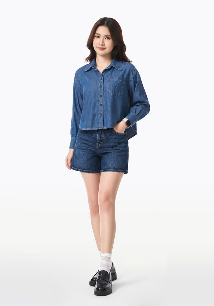 ÁO SƠ MI DENIM DARK BLUE FORM CROP RỘNG DÀI TAY - 224WD2034B1
