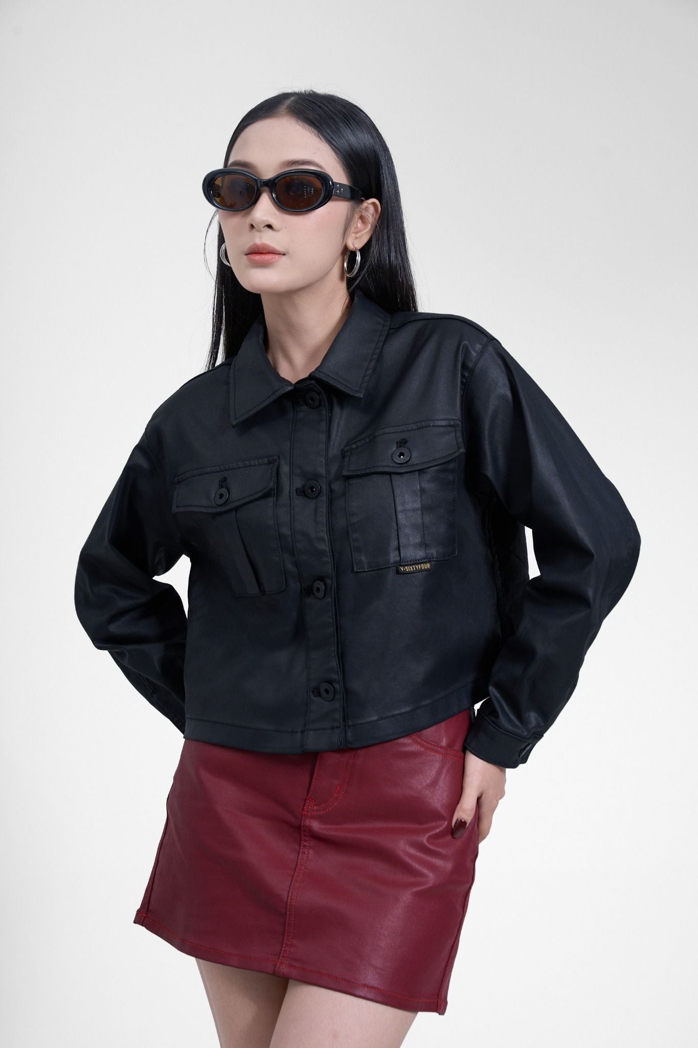 Áo Khoác Nữ Giả Da Màu Đen - Women's Black Faux Leather Jacket - 224WD2044F1