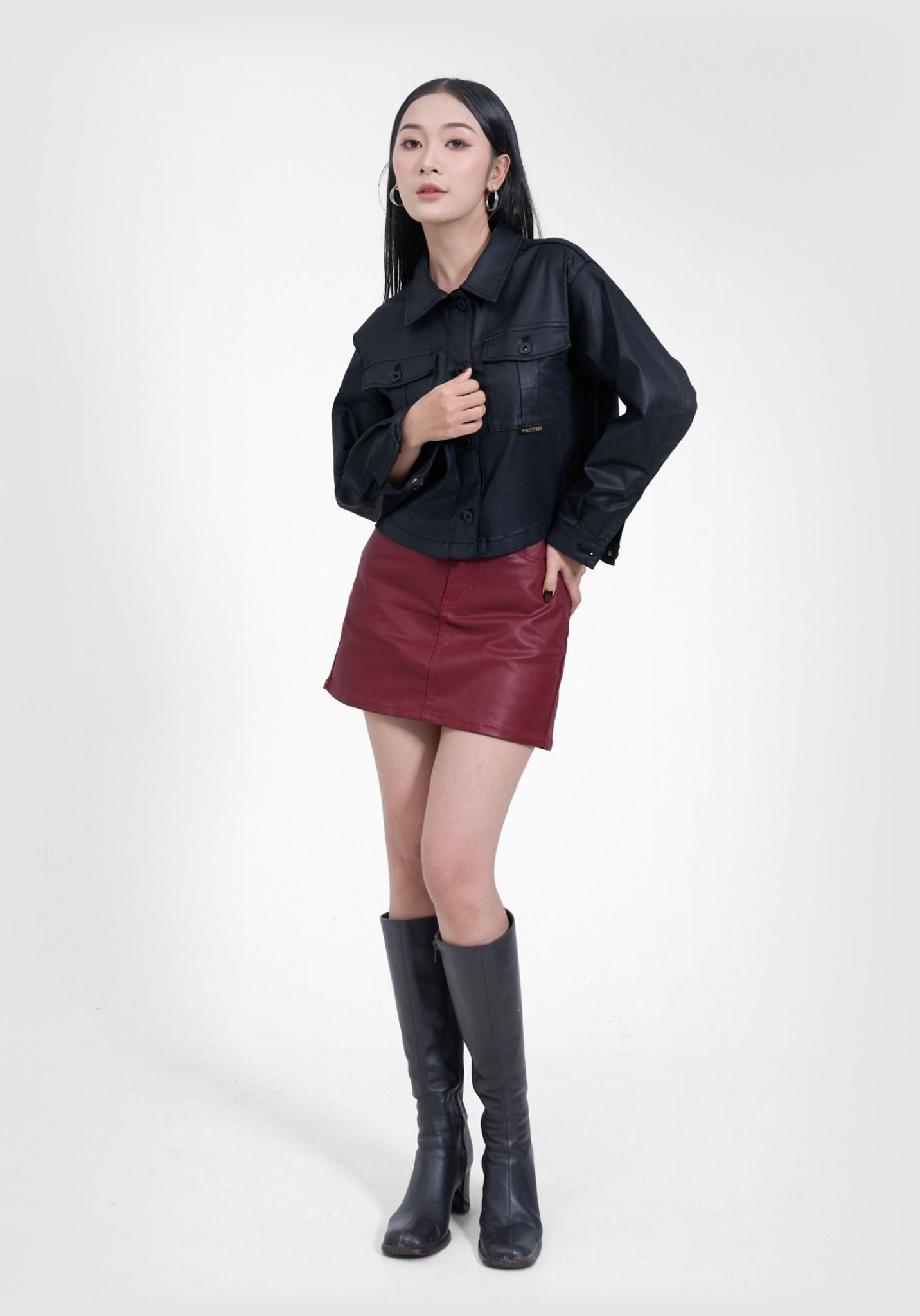 Áo Khoác Nữ Giả Da Màu Đen - Women's Black Faux Leather Jacket - 224WD2044F1