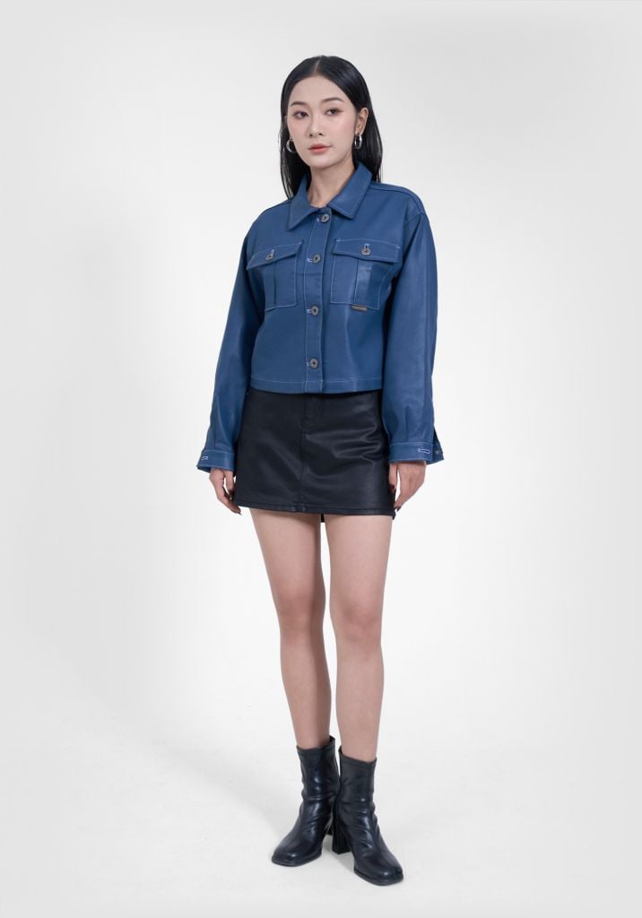 Áo Khoác Nữ Giả Da Màu Med Blue - Women's Med Blue Faux Leather Jacket - 224WD2044F1
