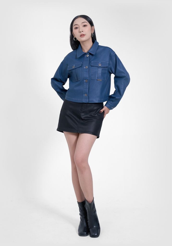 Áo Khoác Nữ Giả Da Màu Med Blue - Women's Med Blue Faux Leather Jacket - 224WD2044F1