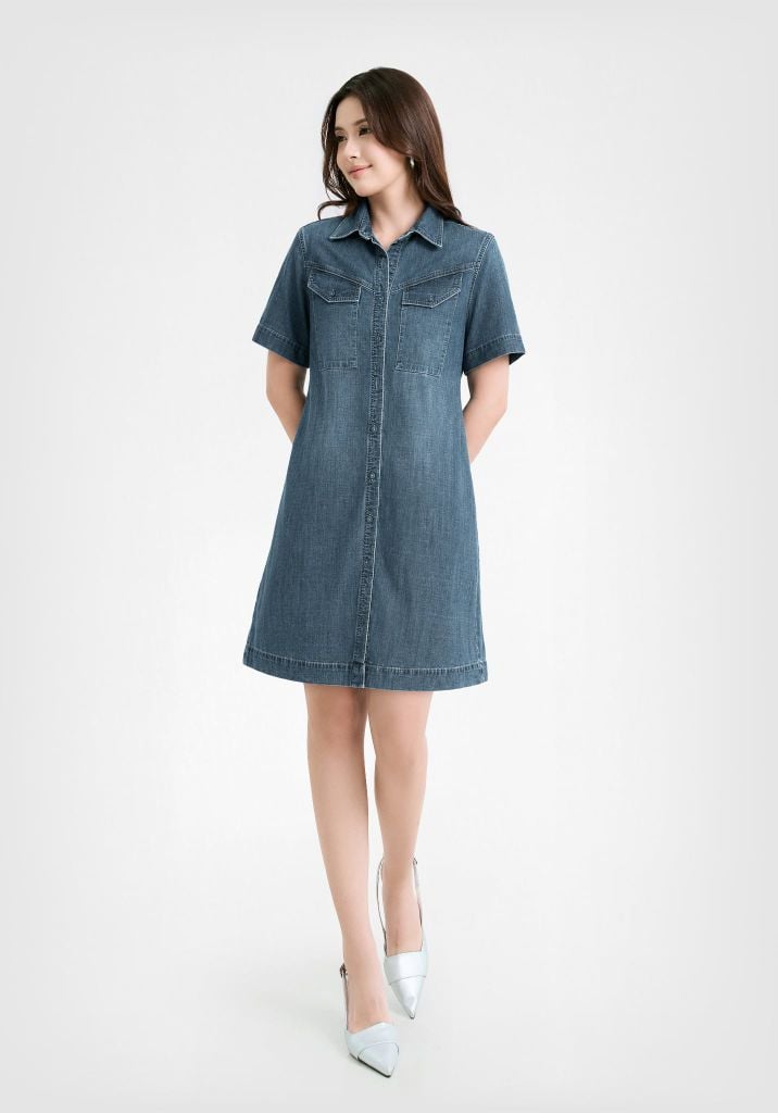 Đầm Sơ Mi Denim Form Rộng Ngắn Tay - 224WD2125F2