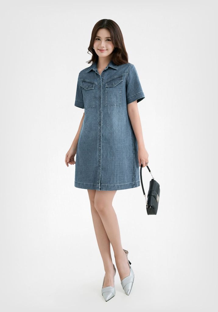 Đầm Sơ Mi Denim Form Rộng Ngắn Tay - 224WD2125F2