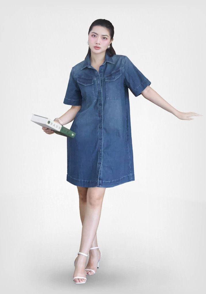 Đầm Sơ Mi Denim Form Rộng Ngắn Tay - 224WD2125F2
