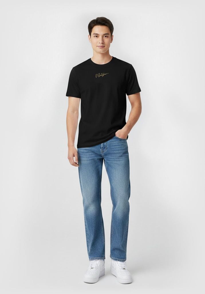 ÁO THUN NAM REGULAR ĐEN THÊU CHỮ KÝ, IN CỜ ĐỎ CHIM HẠC - 225MN3021B2