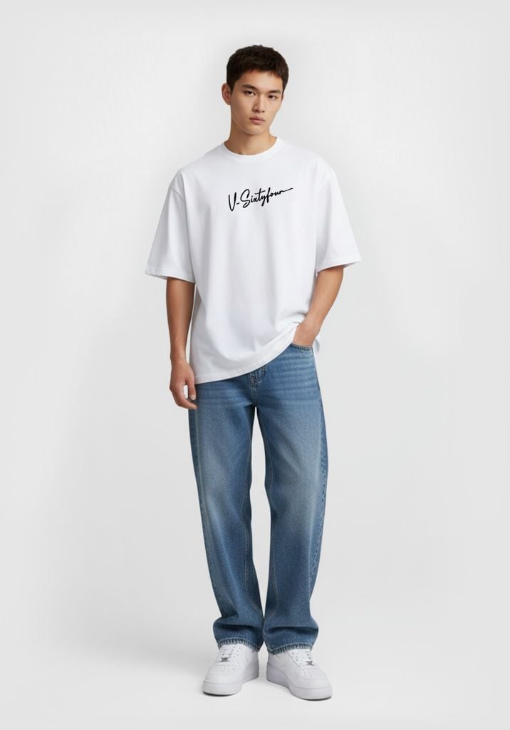 ÁO THUN NAM DÁNG OVERSIZE MÀU TRẮNG IN CHỮ KÝ THƯƠNG HIỆU - 225MN3023B3