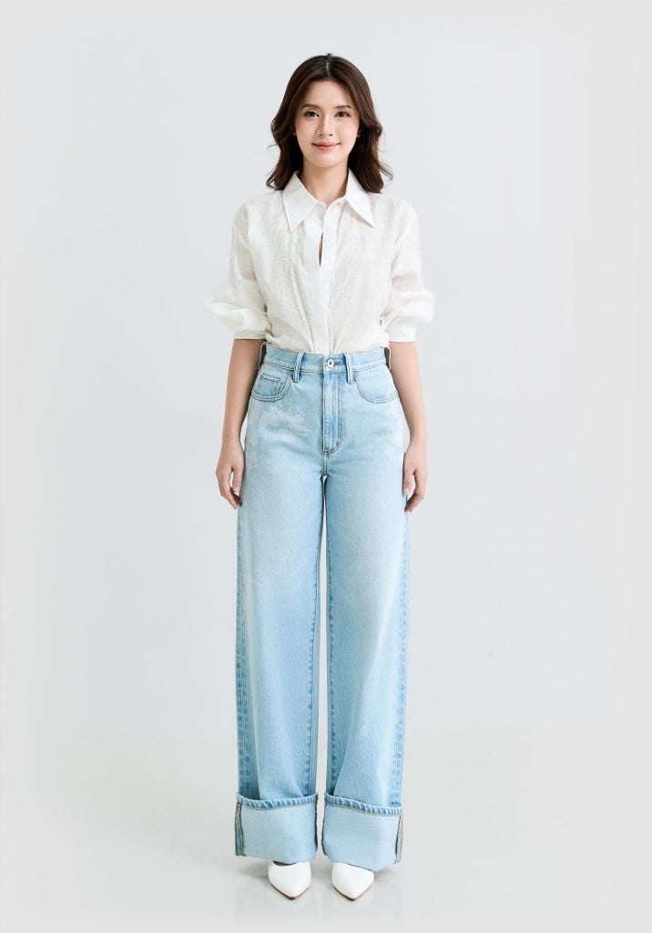 QUẦN DÀI NỮ DENIM DÁNG RELAX DÀI LẬT LAI LASER HOA - 225WD1080F4