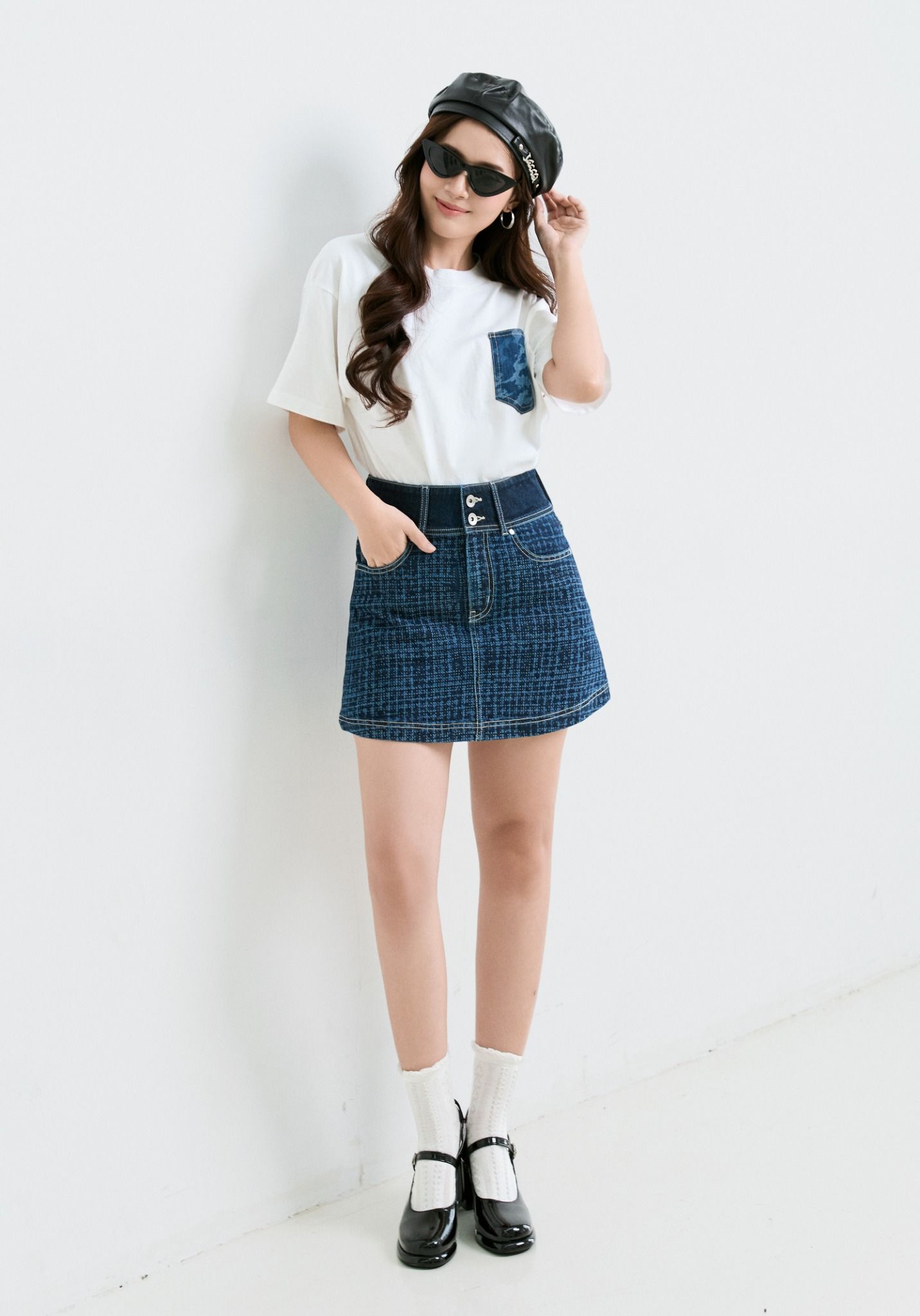 VÁY NGẮN  DENIM NỮ DÁNG A  LASER GIẢ CHẤT LIỆU VẢI  TWEED (CÓ QUẦN BẢO HỘ) - 225WD1114F1