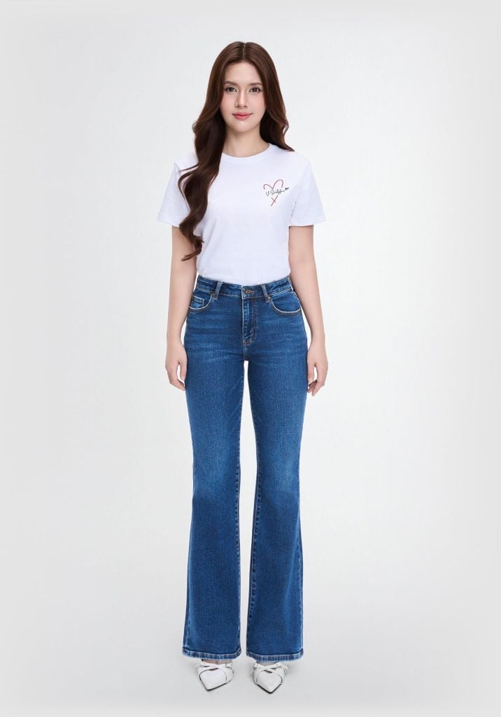 QUẦN DÀI DENIM NỮ DÁNG LOE  XANH TRUNG MÀI VIỀN TÚI - 225WD2084F2