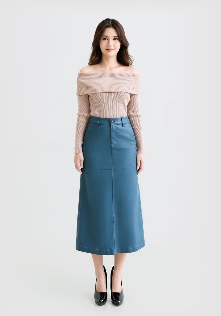 VÁY NỮ DENIM COATING XANH FORM MIDI - 225WD2116F1